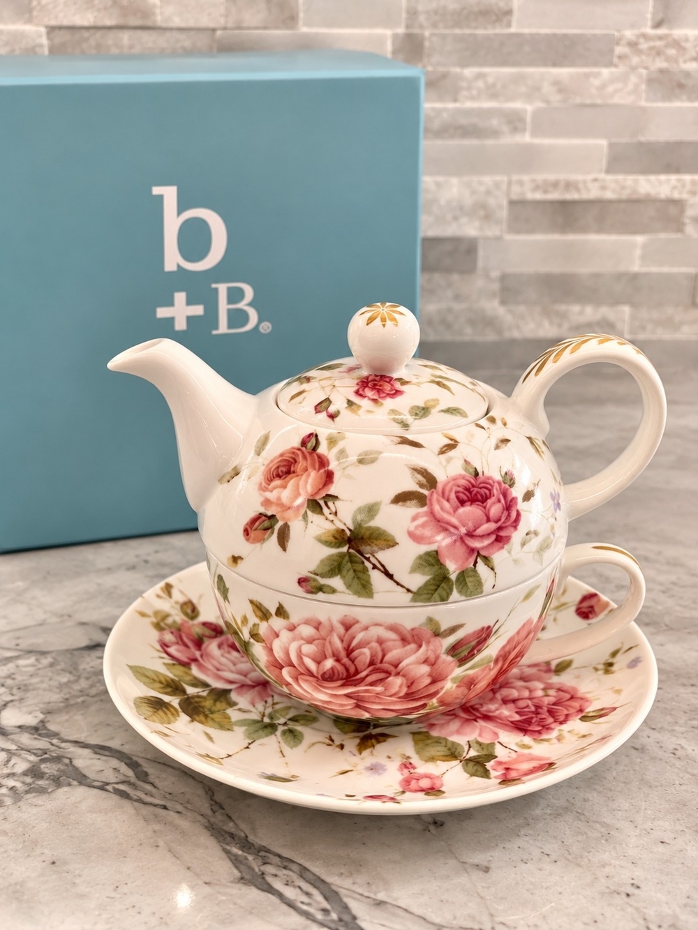 burton + BURTON Saddlebrooke Pink Rose Tea For One Teapot Cup Saucer Set NIB
